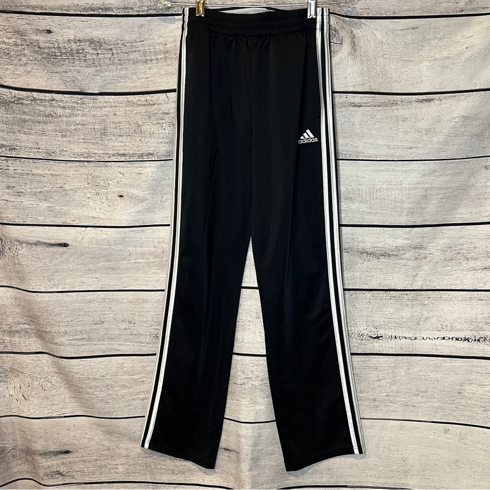 Adidas Black Track Pants White Stripes Logo Joggers Straight Leg Youth 14-16
